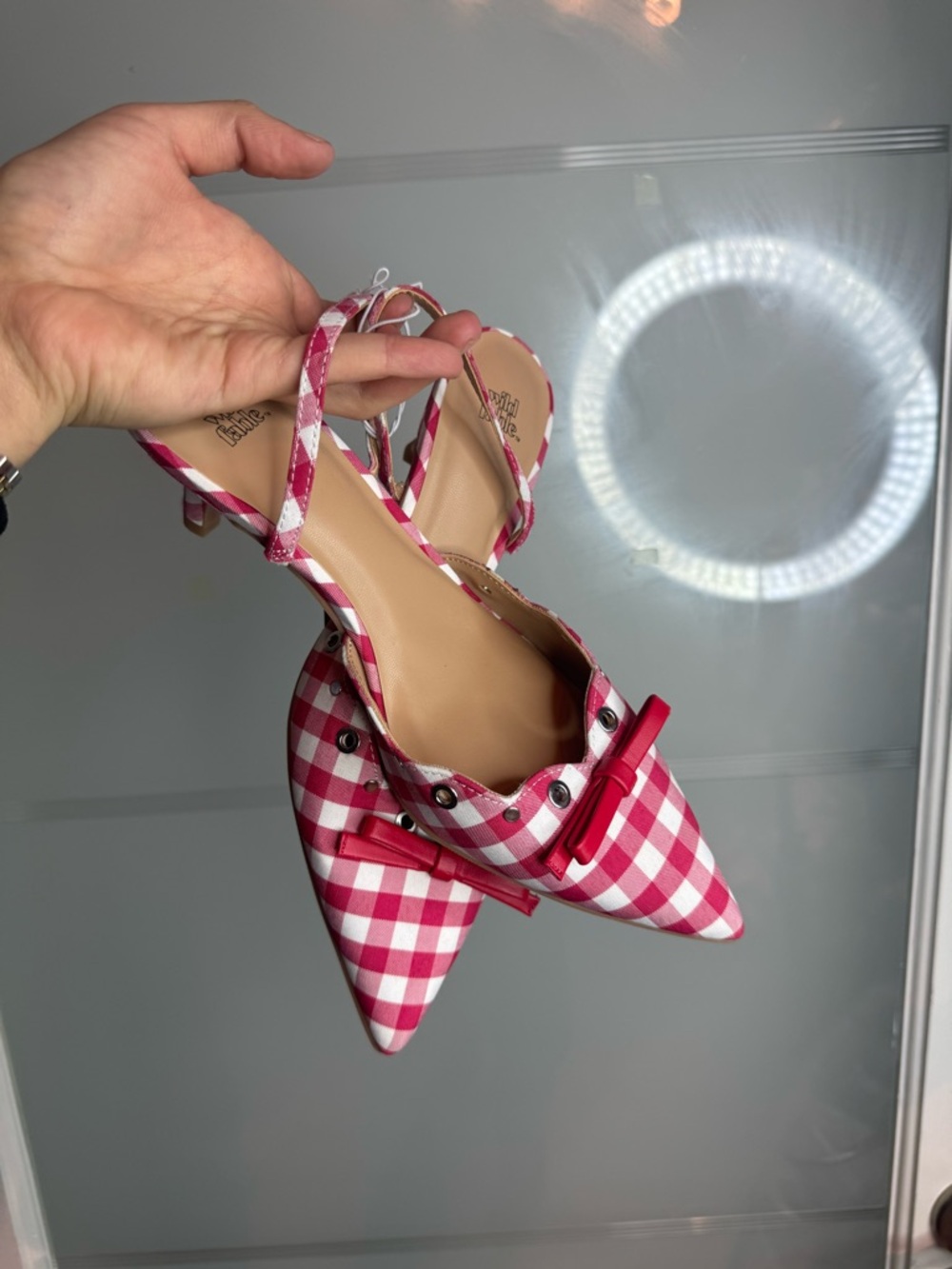 Women’s red Gingham Pointed Slingback Flats - Stylish Bow Detail